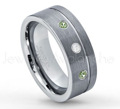 0.21ctw Green Tourmaline 3-Stone Tungsten Ring - October Birthstone Ring - 8mmTungsten Wedding Band - Brushed Finish Comfort Fit Grooved Pipe Cut Tungsten Ring - Men's Anniversary Ring TN030-GTM