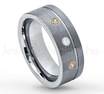 0.21ctw Smokey Quartz & Diamond 3-Stone Tungsten Ring - November Birthstone Ring - 8mmTungsten Wedding Band - Brushed Finish Comfort Fit Grooved Pipe Cut Tungsten Ring - Men's Anniversary Ring TN030-SMQ