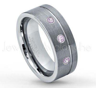0.21ctw Amethyst & Diamond 3-Stone Tungsten Ring - February Birthstone Ring - 8mmTungsten Wedding Band - Brushed Finish Comfort Fit Grooved Pipe Cut Tungsten Ring - Men's Anniversary Ring TN030-AMT