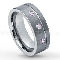 0.21ctw Amethyst 3-Stone Tungsten Ring - February Birthstone Ring - 8mmTungsten Wedding Band - Brushed Finish Comfort Fit Grooved Pipe Cut Tungsten Ring - Men's Anniversary Ring TN030-AMT