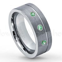 0.21ctw Emerald 3-Stone Tungsten Ring - May Birthstone Ring - 8mmTungsten Wedding Band - Brushed Finish Comfort Fit Grooved Pipe Cut Tungsten Ring - Men's Anniversary Ring TN030-ED