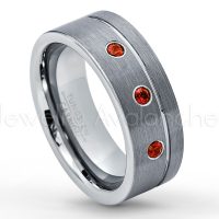 0.21ctw Garnet 3-Stone Tungsten Ring - January Birthstone Ring - 8mmTungsten Wedding Band - Brushed Finish Comfort Fit Grooved Pipe Cut Tungsten Ring - Men's Anniversary Ring TN030-GR