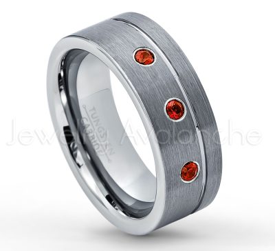 0.21ctw Garnet & Diamond 3-Stone Tungsten Ring - January Birthstone Ring - 8mmTungsten Wedding Band - Brushed Finish Comfort Fit Grooved Pipe Cut Tungsten Ring - Men's Anniversary Ring TN030-GR