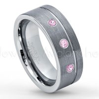 0.21ctw Pink Tourmaline 3-Stone Tungsten Ring - October Birthstone Ring - 8mmTungsten Wedding Band - Brushed Finish Comfort Fit Grooved Pipe Cut Tungsten Ring - Men's Anniversary Ring TN030-PTM