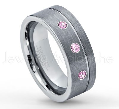 0.21ctw Pink Tourmaline & Diamond 3-Stone Tungsten Ring - October Birthstone Ring - 8mmTungsten Wedding Band - Brushed Finish Comfort Fit Grooved Pipe Cut Tungsten Ring - Men's Anniversary Ring TN030-PTM