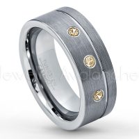 0.21ctw Smokey Quartz 3-Stone Tungsten Ring - November Birthstone Ring - 8mmTungsten Wedding Band - Brushed Finish Comfort Fit Grooved Pipe Cut Tungsten Ring - Men's Anniversary Ring TN030-SMQ
