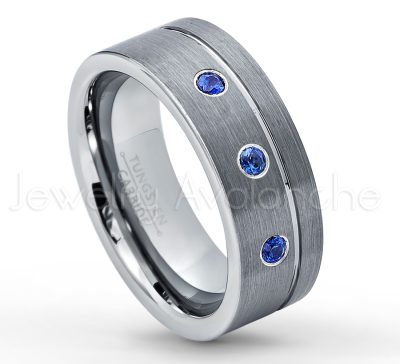 0.07ctw Blue Sapphire Tungsten Ring - September Birthstone Ring - 8mmTungsten Wedding Band - Brushed Finish Comfort Fit Grooved Pipe Cut Tungsten Ring - Men's Anniversary Ring TN030-SP