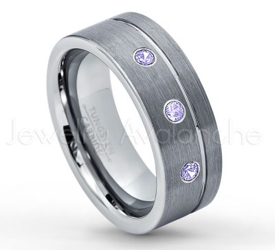 0.07ctw Tanzanite Tungsten Ring - December Birthstone Ring - 8mmTungsten Wedding Band - Brushed Finish Comfort Fit Grooved Pipe Cut Tungsten Ring - Men's Anniversary Ring TN030-TZN