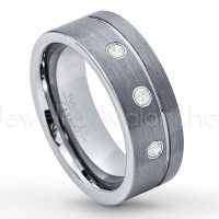 0.21ctw Diamond 3-Stone Tungsten Ring - April Birthstone Ring - 8mmTungsten Wedding Band - Brushed Finish Comfort Fit Grooved Pipe Cut Tungsten Ring - Men's Anniversary Ring TN030-WD