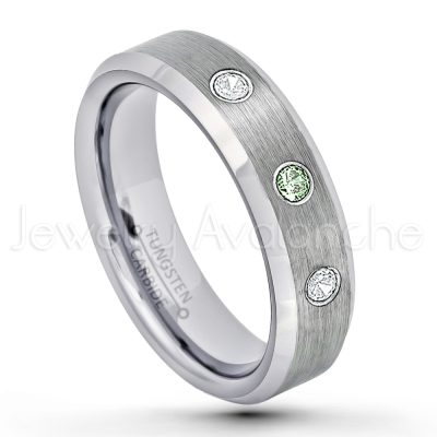 0.21ctw Alexandrite & Diamond 3-Stone Tungsten Ring - June Birthstone Ring - 6mm Tungsten Wedding Band - Brushed Finish Comfort Fit Beveled Edge Tungsten Carbide Ring - Tungsten Anniversary Ring TN038-ALX