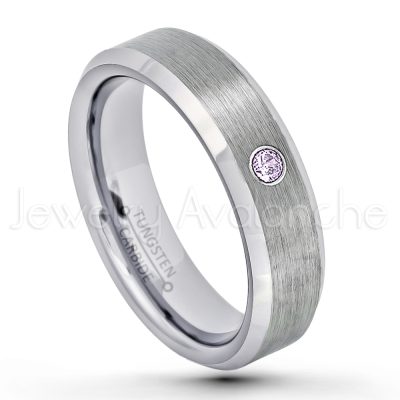 0.07ctw Amethyst Tungsten Ring - February Birthstone Ring - 6mm Tungsten Wedding Band - Brushed Finish Comfort Fit Beveled Edge Tungsten Carbide Ring - Tungsten Anniversary Ring TN038-AMT