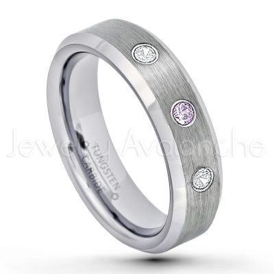 0.21ctw Amethyst & Diamond 3-Stone Tungsten Ring - February Birthstone Ring - 6mm Tungsten Wedding Band - Brushed Finish Comfort Fit Beveled Edge Tungsten Carbide Ring - Tungsten Anniversary Ring TN038-AMT