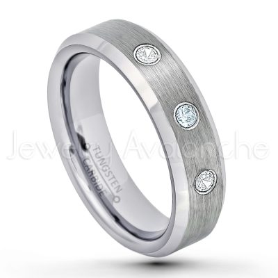 0.21ctw Aquamarine 3-Stone Tungsten Ring - March Birthstone Ring - 6mm Tungsten Wedding Band - Brushed Finish Comfort Fit Beveled Edge Tungsten Carbide Ring - Tungsten Anniversary Ring TN038-AQM