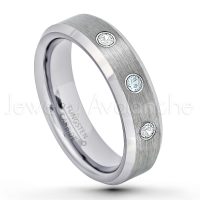 0.21ctw Aquamarine & Diamond 3-Stone Tungsten Ring - March Birthstone Ring - 6mm Tungsten Wedding Band - Brushed Finish Comfort Fit Beveled Edge Tungsten Carbide Ring - Tungsten Anniversary Ring TN038-AQM