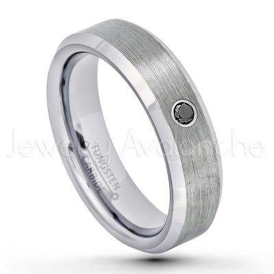 0.21ctw Black Diamond 3-Stone Tungsten Ring - April Birthstone Ring - 6mm Tungsten Wedding Band - Brushed Finish Comfort Fit Beveled Edge Tungsten Carbide Ring - Tungsten Anniversary Ring TN038-BD