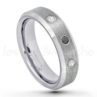 0.21ctw Black & White Diamond 3-Stone Tungsten Ring - April Birthstone Ring - 6mm Tungsten Wedding Band - Brushed Finish Comfort Fit Beveled Edge Tungsten Carbide Ring - Tungsten Anniversary Ring TN038-BD