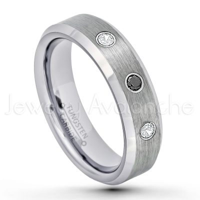 0.21ctw Diamond 3-Stone Tungsten Ring - April Birthstone Ring - 6mm Tungsten Wedding Band - Brushed Finish Comfort Fit Beveled Edge Tungsten Carbide Ring - Tungsten Anniversary Ring TN038-WD