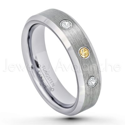 0.21ctw Citrine 3-Stone Tungsten Ring - November Birthstone Ring - 6mm Tungsten Wedding Band - Brushed Finish Comfort Fit Beveled Edge Tungsten Carbide Ring - Tungsten Anniversary Ring TN038-CN