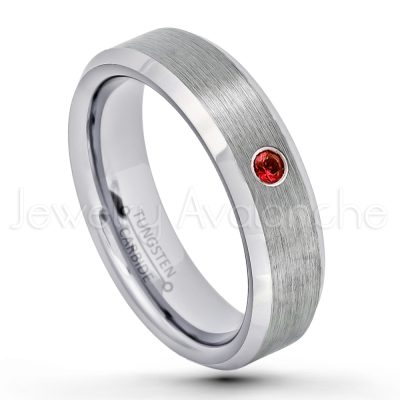 0.21ctw Garnet & Diamond 3-Stone Tungsten Ring - January Birthstone Ring - 6mm Tungsten Wedding Band - Brushed Finish Comfort Fit Beveled Edge Tungsten Carbide Ring - Tungsten Anniversary Ring TN038-GR