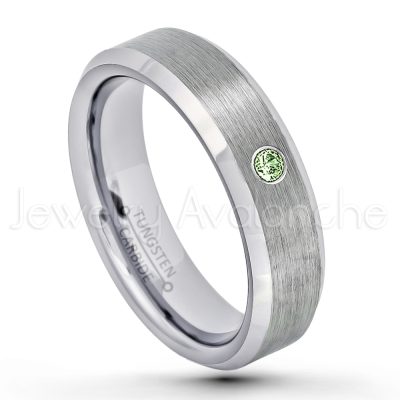 0.21ctw Green Tourmaline & Diamond 3-Stone Tungsten Ring - October Birthstone Ring - 6mm Tungsten Wedding Band - Brushed Finish Comfort Fit Beveled Edge Tungsten Carbide Ring - Tungsten Anniversary Ring TN038-GTM