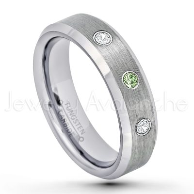 0.21ctw Green Tourmaline 3-Stone Tungsten Ring - October Birthstone Ring - 6mm Tungsten Wedding Band - Brushed Finish Comfort Fit Beveled Edge Tungsten Carbide Ring - Tungsten Anniversary Ring TN038-GTM