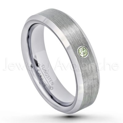 0.21ctw Peridot 3-Stone Tungsten Ring - August Birthstone Ring - 6mm Tungsten Wedding Band - Brushed Finish Comfort Fit Beveled Edge Tungsten Carbide Ring - Tungsten Anniversary Ring TN038-PD