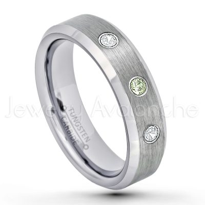 0.07ctw Peridot Tungsten Ring - August Birthstone Ring - 6mm Tungsten Wedding Band - Brushed Finish Comfort Fit Beveled Edge Tungsten Carbide Ring - Tungsten Anniversary Ring TN038-PD