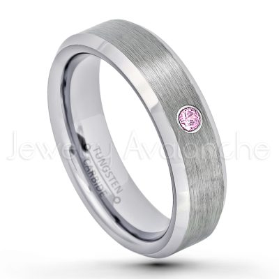 0.21ctw Pink Tourmaline & Diamond 3-Stone Tungsten Ring - October Birthstone Ring - 6mm Tungsten Wedding Band - Brushed Finish Comfort Fit Beveled Edge Tungsten Carbide Ring - Tungsten Anniversary Ring TN038-PTM