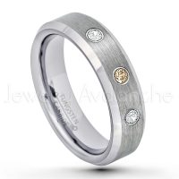 0.21ctw Smokey Quartz & Diamond 3-Stone Tungsten Ring - November Birthstone Ring - 6mm Tungsten Wedding Band - Brushed Finish Comfort Fit Beveled Edge Tungsten Carbide Ring - Tungsten Anniversary Ring TN038-SMQ