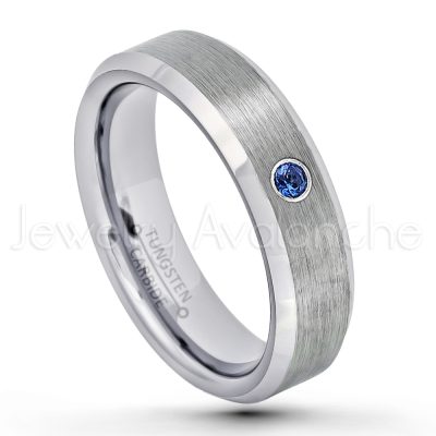 0.21ctw Blue Sapphire 3-Stone Tungsten Ring - September Birthstone Ring - 6mm Tungsten Wedding Band - Brushed Finish Comfort Fit Beveled Edge Tungsten Carbide Ring - Tungsten Anniversary Ring TN038-SP