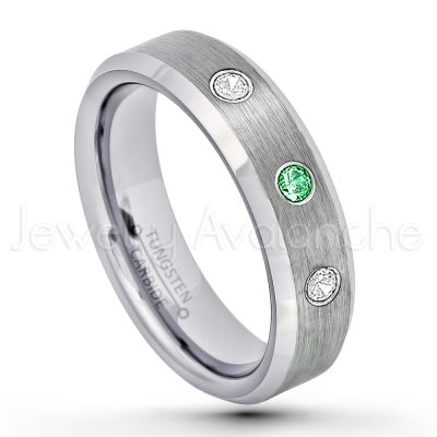 0.21ctw Tsavorite & Diamond 3-Stone Tungsten Ring - January Birthstone Ring - 6mm Tungsten Wedding Band - Brushed Finish Comfort Fit Beveled Edge Tungsten Carbide Ring - Tungsten Anniversary Ring TN038-TVR