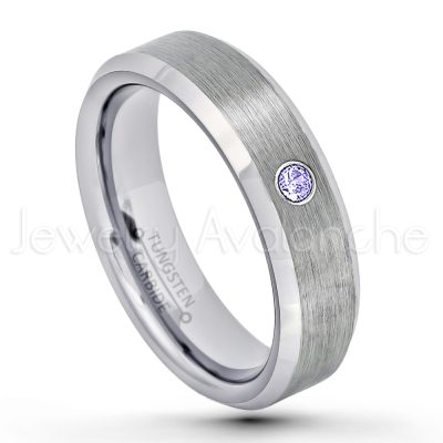 0.21ctw Tanzanite 3-Stone Tungsten Ring - December Birthstone Ring - 6mm Tungsten Wedding Band - Brushed Finish Comfort Fit Beveled Edge Tungsten Carbide Ring - Tungsten Anniversary Ring TN038-TZN