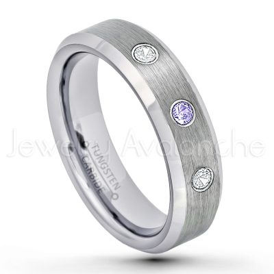 0.07ctw Tanzanite Tungsten Ring - December Birthstone Ring - 6mm Tungsten Wedding Band - Brushed Finish Comfort Fit Beveled Edge Tungsten Carbide Ring - Tungsten Anniversary Ring TN038-TZN