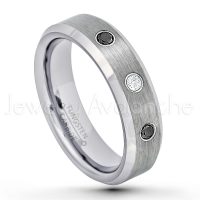 0.21ctw White & Black Diamond 3-Stone Tungsten Ring - April Birthstone Ring - 6mm Tungsten Wedding Band - Brushed Finish Comfort Fit Beveled Edge Tungsten Carbide Ring - Tungsten Anniversary Ring TN038-WD
