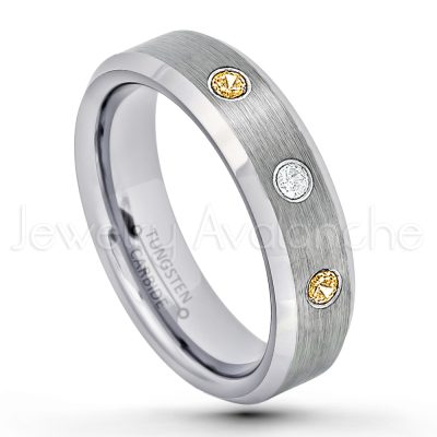 0.21ctw Citrine & Diamond 3-Stone Tungsten Ring - November Birthstone Ring - 6mm Tungsten Wedding Band - Brushed Finish Comfort Fit Beveled Edge Tungsten Carbide Ring - Tungsten Anniversary Ring TN038-CN
