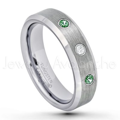 0.21ctw Emerald & Diamond 3-Stone Tungsten Ring - May Birthstone Ring - 6mm Tungsten Wedding Band - Brushed Finish Comfort Fit Beveled Edge Tungsten Carbide Ring - Tungsten Anniversary Ring TN038-ED