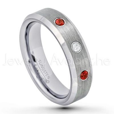 0.21ctw Garnet 3-Stone Tungsten Ring - January Birthstone Ring - 6mm Tungsten Wedding Band - Brushed Finish Comfort Fit Beveled Edge Tungsten Carbide Ring - Tungsten Anniversary Ring TN038-GR