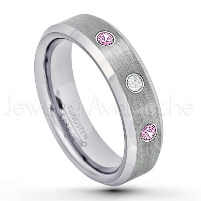 0.21ctw Pink Tourmaline & Diamond 3-Stone Tungsten Ring - October Birthstone Ring - 6mm Tungsten Wedding Band - Brushed Finish Comfort Fit Beveled Edge Tungsten Carbide Ring - Tungsten Anniversary Ring TN038-PTM