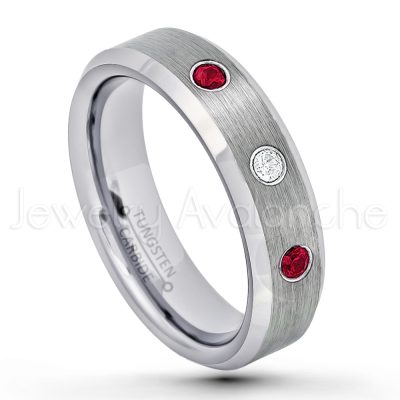 0.07ctw Ruby Tungsten Ring - July Birthstone Ring - 6mm Tungsten Wedding Band - Brushed Finish Comfort Fit Beveled Edge Tungsten Carbide Ring - Tungsten Anniversary Ring TN038-RB