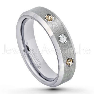 0.07ctw Smokey Quartz Tungsten Ring - November Birthstone Ring - 6mm Tungsten Wedding Band - Brushed Finish Comfort Fit Beveled Edge Tungsten Carbide Ring - Tungsten Anniversary Ring TN038-SMQ