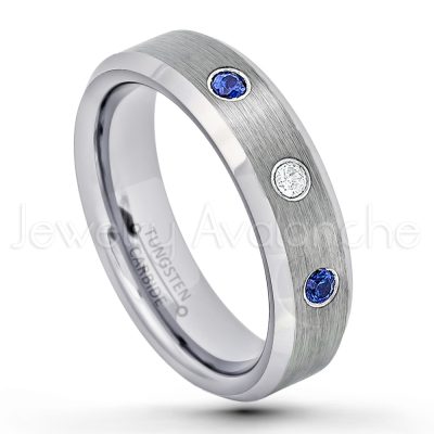 0.21ctw Blue Sapphire 3-Stone Tungsten Ring - September Birthstone Ring - 6mm Tungsten Wedding Band - Brushed Finish Comfort Fit Beveled Edge Tungsten Carbide Ring - Tungsten Anniversary Ring TN038-SP