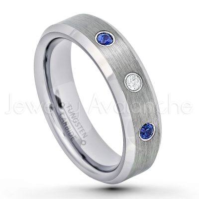 0.21ctw Blue Sapphire & Diamond 3-Stone Tungsten Ring - September Birthstone Ring - 6mm Tungsten Wedding Band - Brushed Finish Comfort Fit Beveled Edge Tungsten Carbide Ring - Tungsten Anniversary Ring TN038-SP
