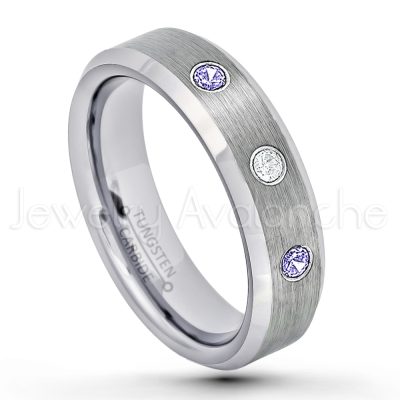 0.21ctw Tanzanite & Diamond 3-Stone Tungsten Ring - December Birthstone Ring - 6mm Tungsten Wedding Band - Brushed Finish Comfort Fit Beveled Edge Tungsten Carbide Ring - Tungsten Anniversary Ring TN038-TZN