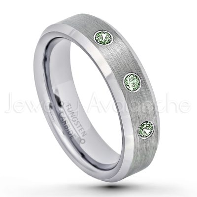0.21ctw Alexandrite & Diamond 3-Stone Tungsten Ring - June Birthstone Ring - 6mm Tungsten Wedding Band - Brushed Finish Comfort Fit Beveled Edge Tungsten Carbide Ring - Tungsten Anniversary Ring TN038-ALX
