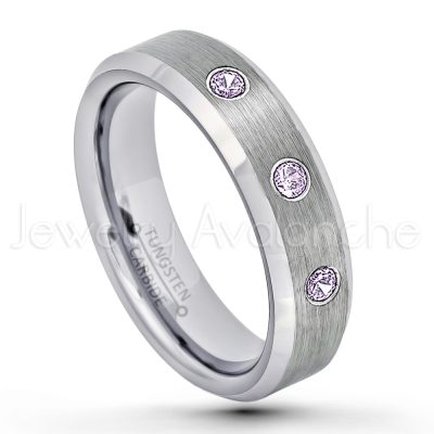 0.21ctw Amethyst & Diamond 3-Stone Tungsten Ring - February Birthstone Ring - 6mm Tungsten Wedding Band - Brushed Finish Comfort Fit Beveled Edge Tungsten Carbide Ring - Tungsten Anniversary Ring TN038-AMT