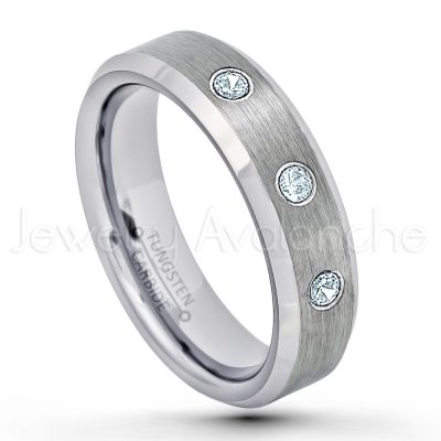 0.21ctw Aquamarine & Diamond 3-Stone Tungsten Ring - March Birthstone Ring - 6mm Tungsten Wedding Band - Brushed Finish Comfort Fit Beveled Edge Tungsten Carbide Ring - Tungsten Anniversary Ring TN038-AQM
