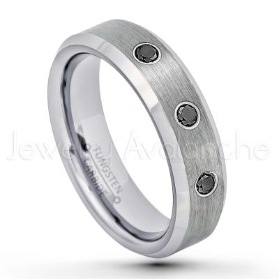 0.21ctw Black & White Diamond 3-Stone Tungsten Ring - April Birthstone Ring - 6mm Tungsten Wedding Band - Brushed Finish Comfort Fit Beveled Edge Tungsten Carbide Ring - Tungsten Anniversary Ring TN038-BD