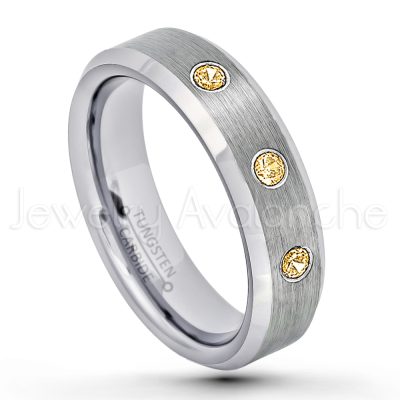 0.21ctw Citrine & Diamond 3-Stone Tungsten Ring - November Birthstone Ring - 6mm Tungsten Wedding Band - Brushed Finish Comfort Fit Beveled Edge Tungsten Carbide Ring - Tungsten Anniversary Ring TN038-CN