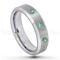 0.21ctw Emerald 3-Stone Tungsten Ring - May Birthstone Ring - 6mm Tungsten Wedding Band - Brushed Finish Comfort Fit Beveled Edge Tungsten Carbide Ring - Tungsten Anniversary Ring TN038-ED