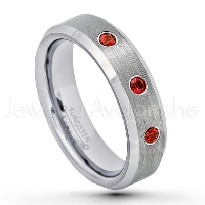 0.21ctw Garnet & Diamond 3-Stone Tungsten Ring - January Birthstone Ring - 6mm Tungsten Wedding Band - Brushed Finish Comfort Fit Beveled Edge Tungsten Carbide Ring - Tungsten Anniversary Ring TN038-GR